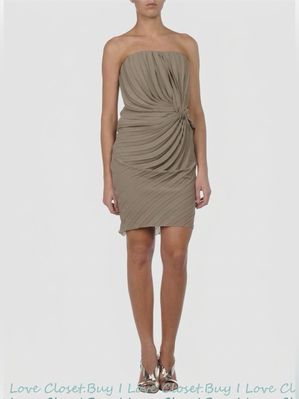 ANNA MOLINARI 100% Silk Chiffon IT 40 US 4 Taupe Pleated Strapless Knotted Dress
